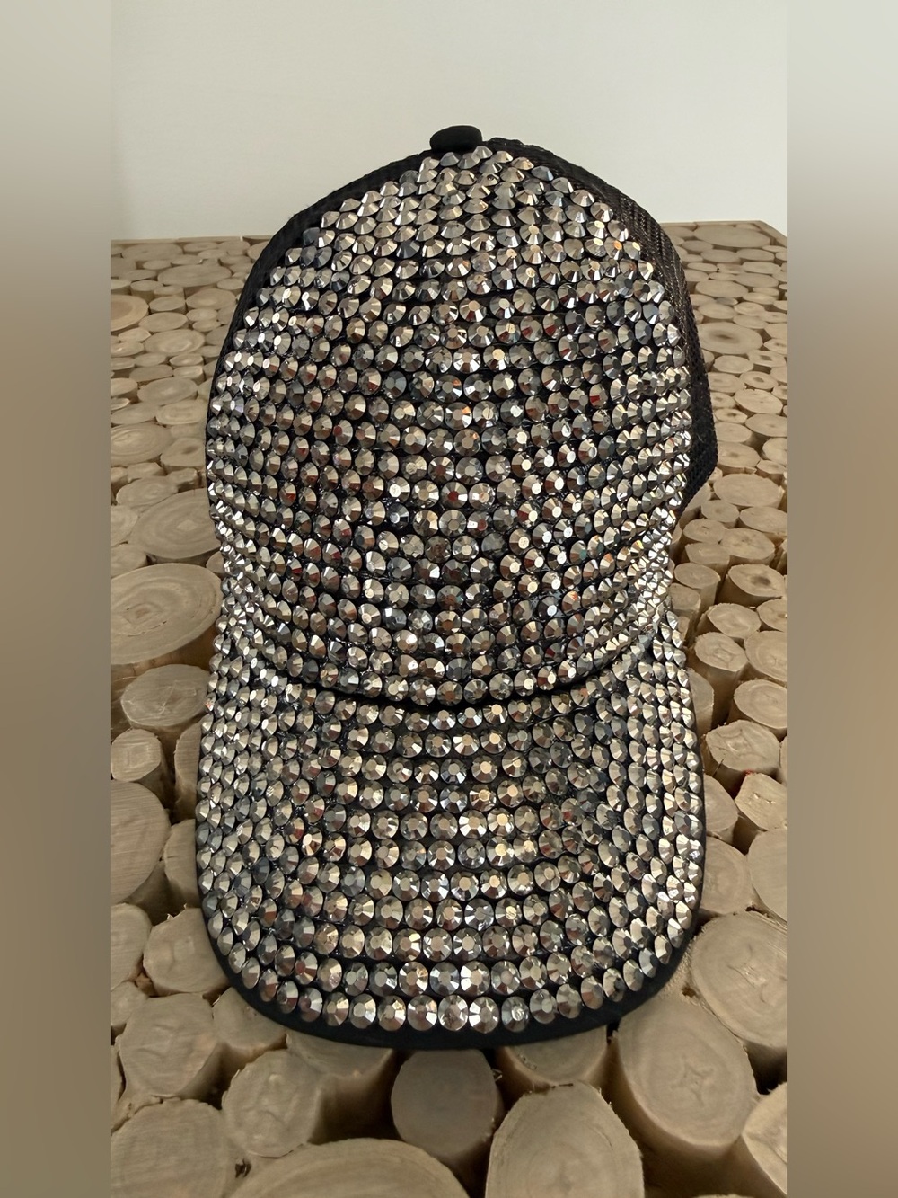 Vintage Black Baseball Cap with Silver Crystal Studs